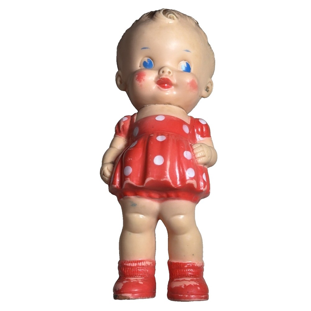 Vintage 1950's Rubber Squeaky Doll Toy Ruth E Newton Red Dress